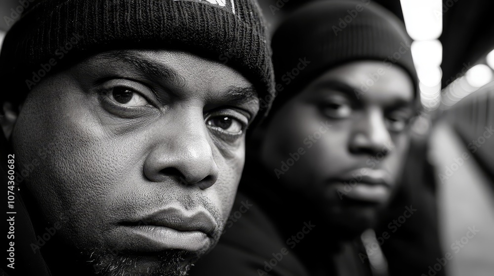 Fototapeta premium A black and white photo of two men wearing hats