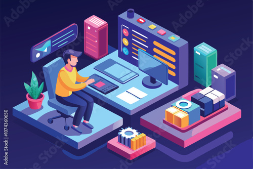 A software tester focuses on coding and debugging tasks while seated at a stylish workspace, Illustration of a software tester in isometric style.