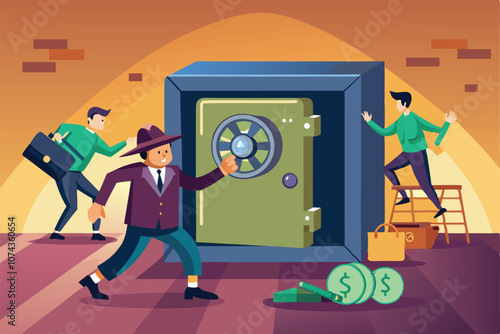 Criminals flee with stolen cash from an open safe while one climbs a ladder to escape in the evening, Illustration of a stolen safe