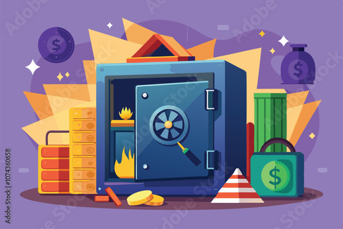 A vivid display shows a stolen safe open with cash, coins, and flames, suggesting a heist or burglary, Illustration of a stolen safe