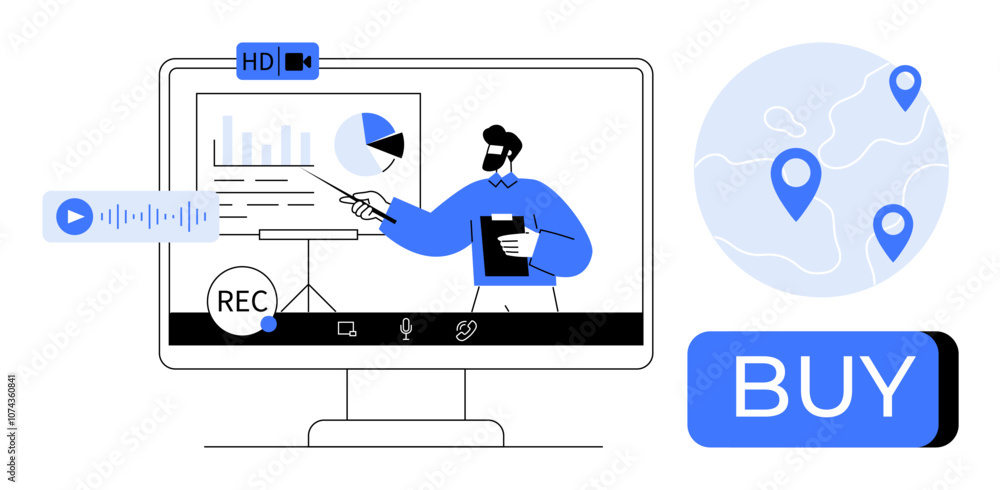 Person presenting analytics on a screen, recording features, audio buttons, and location markers. Ideal for online learning, webinars, business meetings, remote work, e-commerce, data analytics Person presenting analytics on a screen, recording features, audio buttons, and location markers. Ideal for online learning, webinars, business meetings, remote work, e-commerce, data analytics