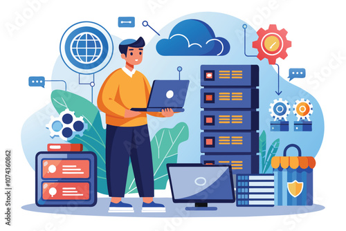 A technician is actively working on backup services with laptop devices in a data center setting, Illustration of a technician providing backup services for big data management concepts.