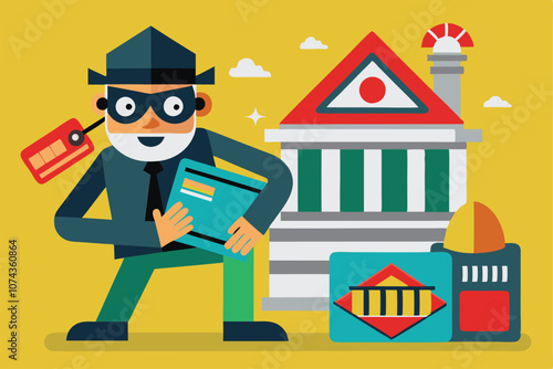 A character dressed as a thief stands with stolen items beside a bank featuring a danger sign, Illustration of a thief with a danger sign and a bank card trending.
