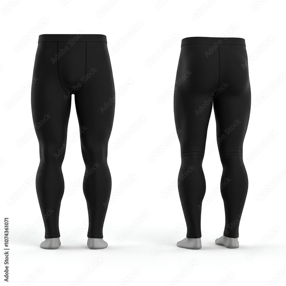 Black leggings displayed from front and back on a white background. Black leggings displayed from front and back on a white background.