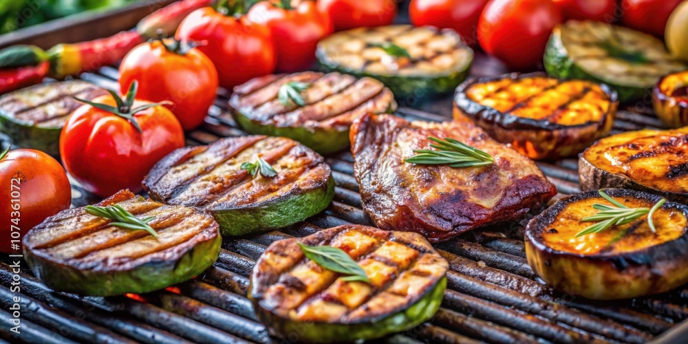 Cooking meat steaks, zucchini, eggplant, and tomatoes on a grill at a summer food market close up shot , outdoor Cooking meat steaks, zucchini, eggplant, and tomatoes on a grill at a summer food market close up shot , outdoor