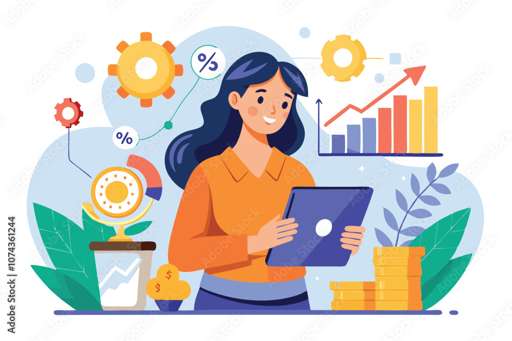 A woman holds a tablet displaying financial charts while surrounded by coins and a plant, focused on analysis, Illustration of a woman holding a chart and coins. A woman holds a tablet displaying financial charts while surrounded by coins and a plant, focused on analysis, Illustration of a woman holding a chart and coins.