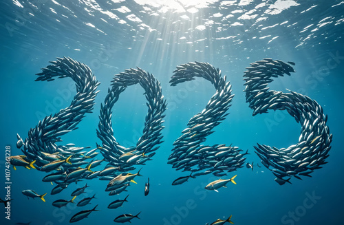 A group of small fish in the sea move together, forming a bright number 2025 under the moonlight. Their movements dance among the waves, creating a dazzling pattern, celebrating the New Year.