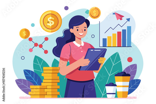 A woman analyzes financial trends with a tablet in one hand and coins in the other, showing investment insight, Illustration of a woman holding a chart and coins.