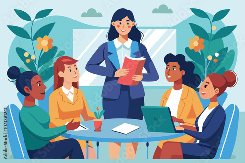 A confident woman stands at the head of a meeting, engaging with four attentive colleagues at a round table, Illustration of a woman leading a meeting