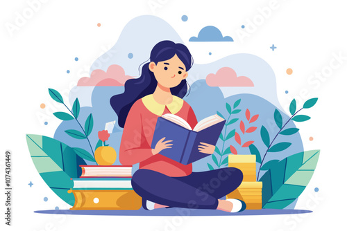 A young woman enjoys reading a book while sitting on the floor among colorful plants and books, Illustration of a woman reading a book in a flat style.