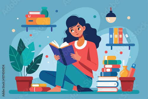 A woman sits on the floor of a flat, absorbed in reading a book while surrounded by bookshelves and plants, Illustration of a woman reading a book in a flat style.