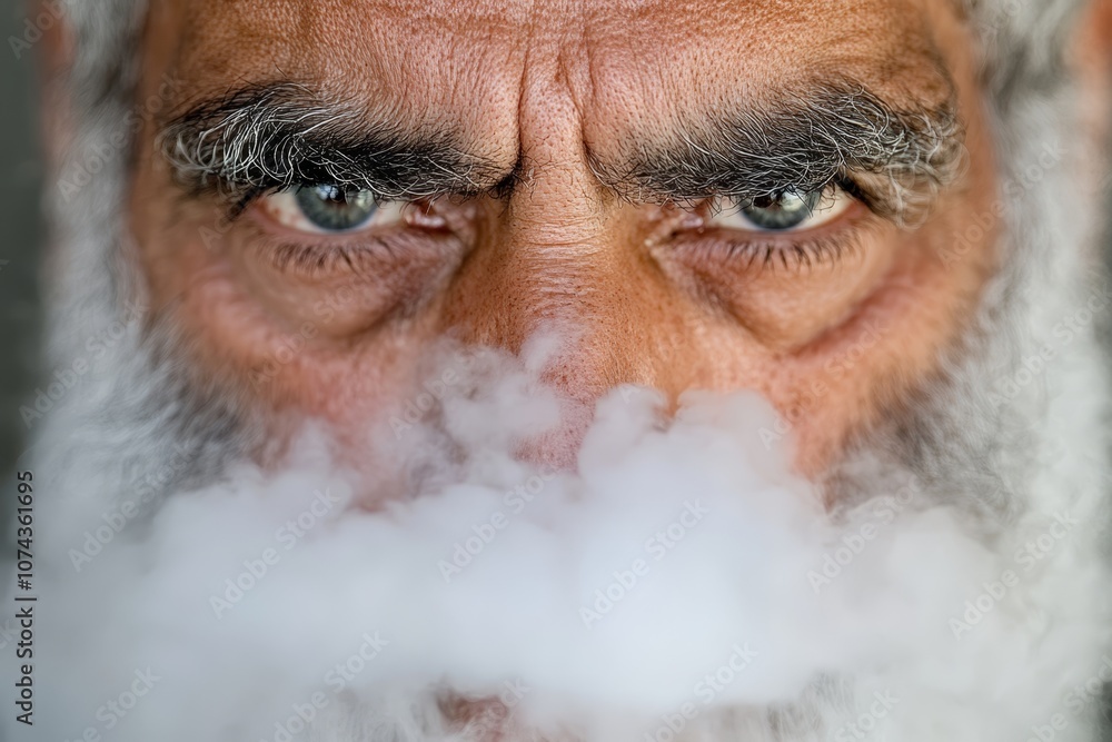 A man with a white beard and mustache smoking a cigarette A man with a white beard and mustache smoking a cigarette