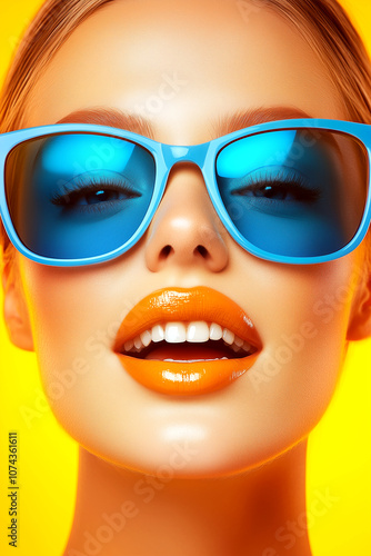 A woman with blue sunglasses and orange lipstick is smiling. She has a bright and cheerful expression on her face, which suggests that she is happy and confident