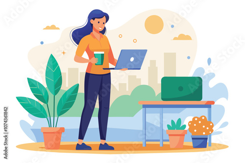 A woman holds a cup while using her laptop in a bright workspace filled with plants and city views, Illustration of a woman standing with a laptop and coffee