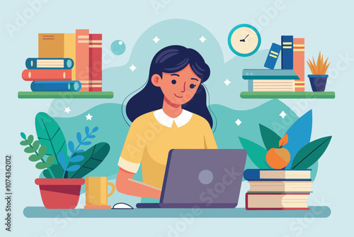 A woman is focused on her laptop as she studies at home, with books and plants around her, Illustration of a woman studying online with a laptop and books.
