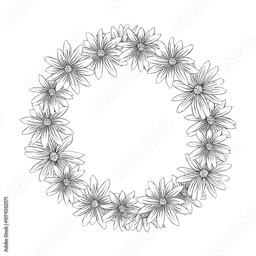 Hand drawn composition of Jerusalem artichoke flower. Round frame of Jerusalem artichoke flower for card design.