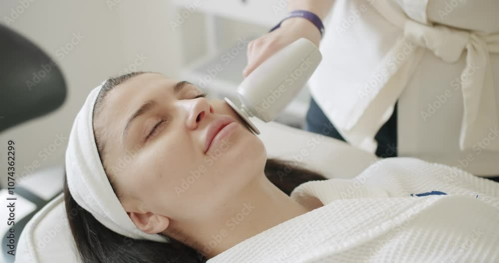 A professional cosmetologist makes facial procedures in a beauty salon with woman patient. A close up of face skin mechanical treatment process. Cosmetological innovations. Modern technic. A professional cosmetologist makes facial procedures in a beauty salon with woman patient. A close up of face skin mechanical treatment process. Cosmetological innovations. Modern technic.