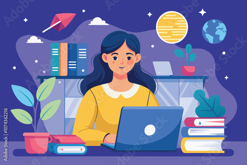 A woman is focused on her laptop while studying in a well-lit, comfortable workspace filled with books, Illustration of a woman using a laptop for cloud data backup.