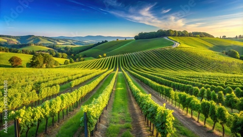 Rolling hills of lush green vineyards with rows of grapevines under a clear blue sky, vineyard, landscape, rural