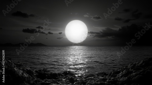 A black and white photo of a full moon over the ocean