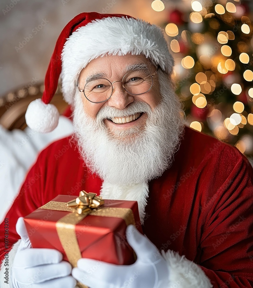 Jolly Santa Claus with Christmas Gift Smiling Cheerfully in Cozy Holiday Setting Surrounded by Sparkling Lights and Festive Decor Jolly Santa Claus with Christmas Gift Smiling Cheerfully in Cozy Holiday Setting Surrounded by Sparkling Lights and Festive Decor