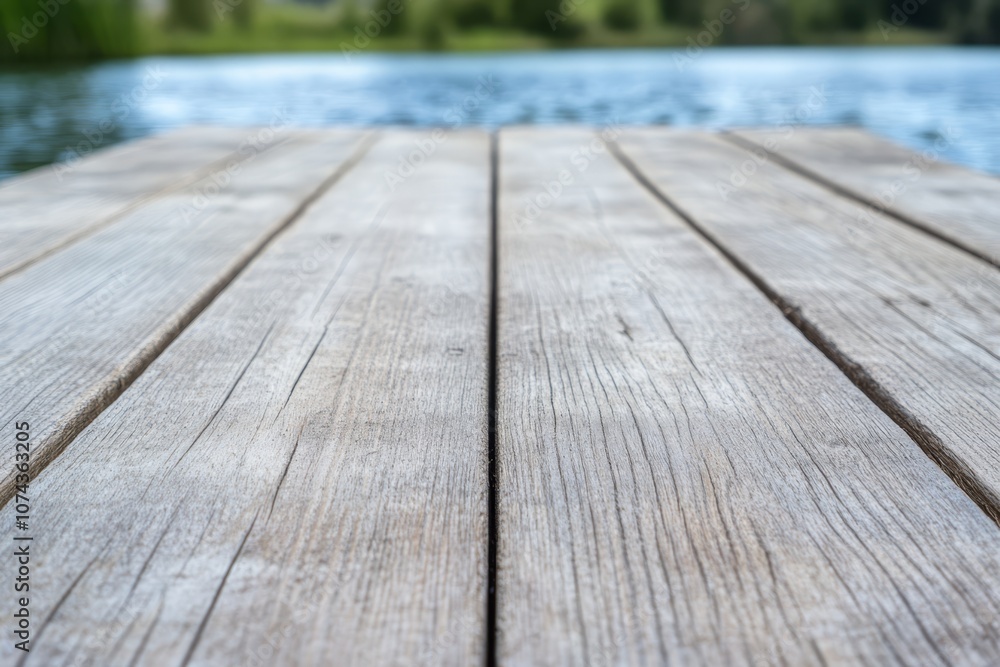 A wooden dock with a lake in the background