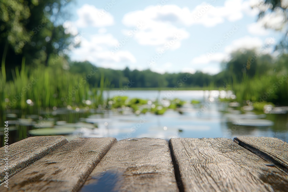 A wooden dock in front of a lake with lily pads A wooden dock in front of a lake with lily pads