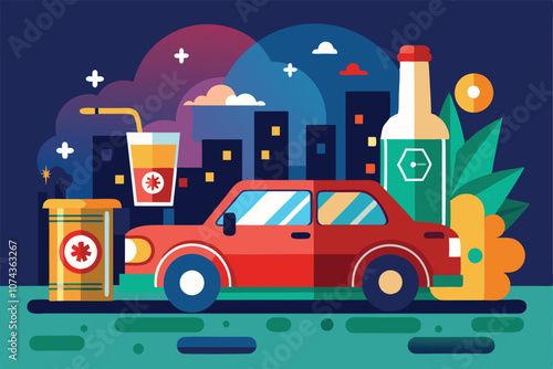 A red car parked against a city backdrop, surrounded by alcohol bottles and glassware, highlighting drunk driving risks, Illustration of drunk driving in a customizable flat style.