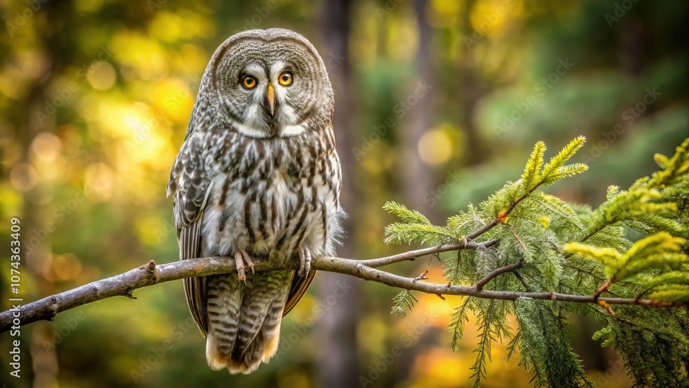 Fototapeta premium Majestic Great Grey Owl perched on a tree branch, Great Grey Owl, bird, wildlife, predator, nocturnal, feathers, beautiful