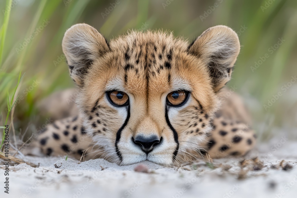 A cheetah cub laying in the sand looking at the camera A cheetah cub laying in the sand looking at the camera