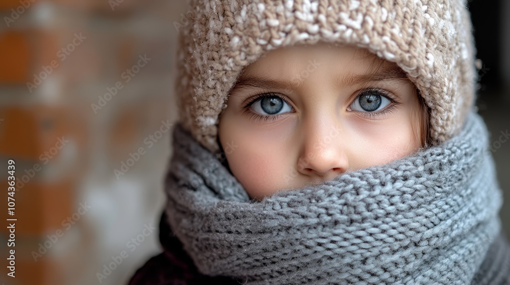A little girl wearing a knitted hat and scarf A little girl wearing a knitted hat and scarf