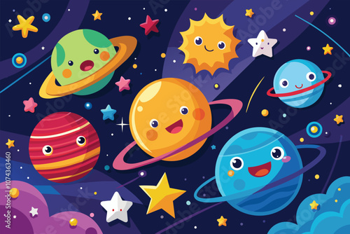 A playful representation of planets and stars designed to captivate children's imagination about space, Illustration of educational stars and planets for kids.