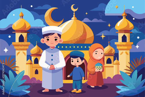 Families gather joyfully to celebrate Eid al-Fitr against a colorful night sky and illuminated mosque, Illustration of Eid al Fitr during Ramadan Kareem.