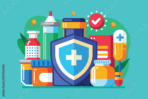 This illustration features various medical containers and a shield symbolizing drug protection measures, Illustration of flat drugs protection.