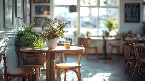 A sunny cafe with a glass of water  flowers and plants on a table.