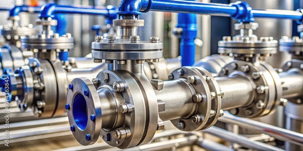 Close up of manual stainless ball valves installed in pipes for water supply at an industrial plant Close up of manual stainless ball valves installed in pipes for water supply at an industrial plant