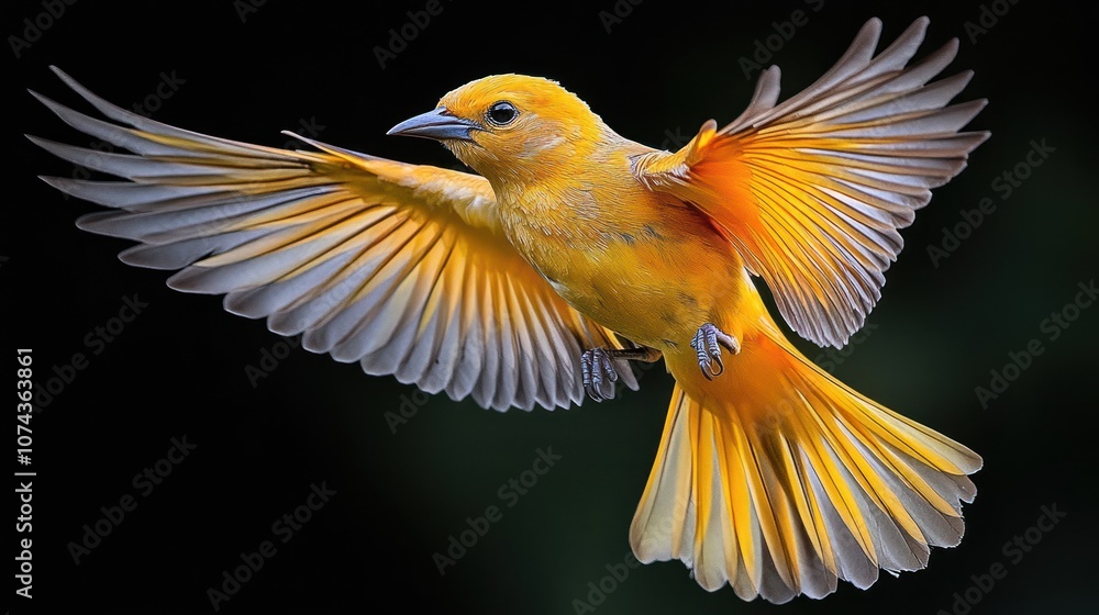 Fototapeta premium Vibrant yellow bird in mid-flight showcasing its colorful plumage.