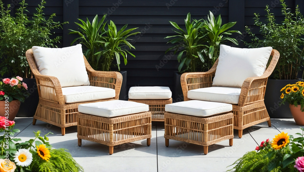 Fototapeta premium Stylish and inviting outdoor patio setup featuring wicker armchairs, ottomans, and lush greenery backdrop