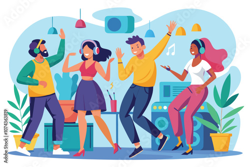 Group of friends dancing joyfully in a colorful room filled with music and plants during a casual get-together, Illustration of people dancing and listening to music.
