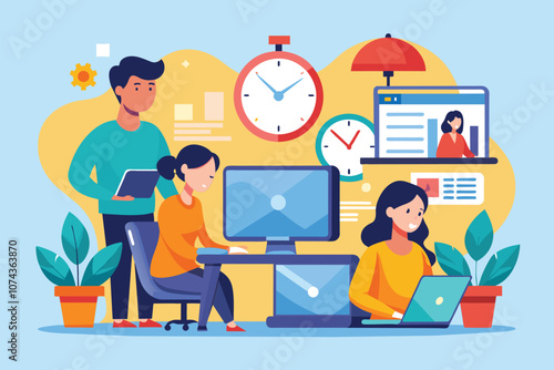 In a vibrant office, individuals focus on their computers as they manage alerts and tasks effectively, Illustration of people using computers and an alarm.
