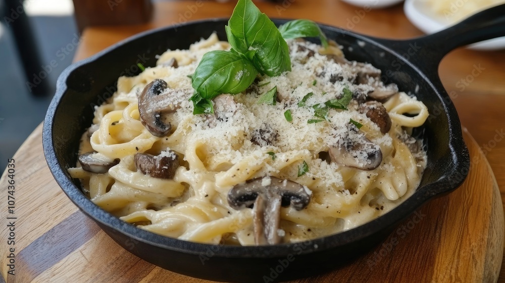 Creamy Mushroom Pasta in Skillet with Basil and Cheese Creamy Mushroom Pasta in Skillet with Basil and Cheese