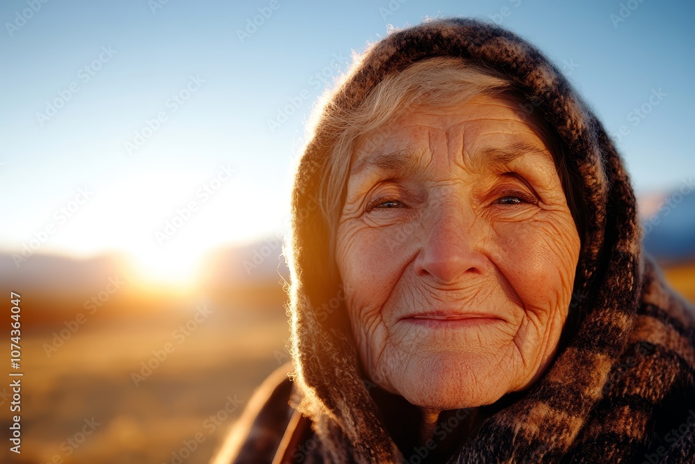 An old woman wearing a scarf and a hooded jacket An old woman wearing a scarf and a hooded jacket