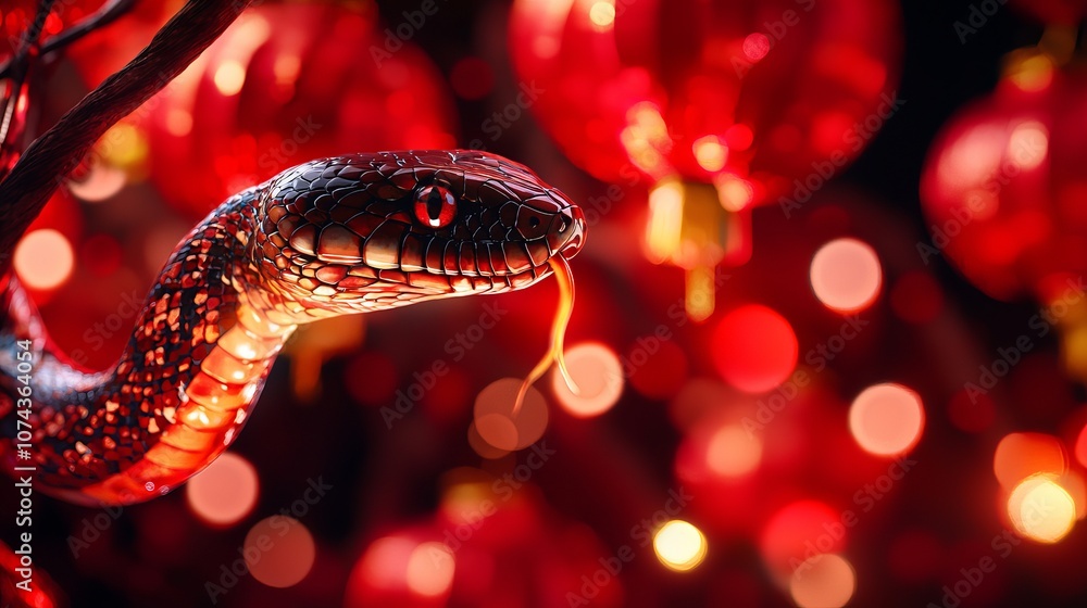 A close-up of a snake with shimmering scales amidst vibrant red lanterns, exuding a mystical and festive atmosphere. A close-up of a snake with shimmering scales amidst vibrant red lanterns, exuding a mystical and festive atmosphere.