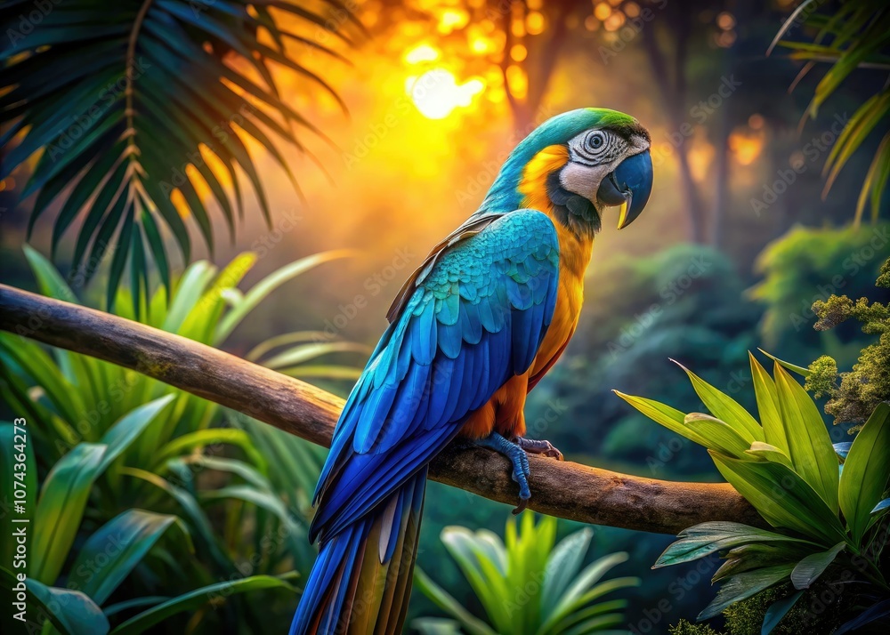 Obraz premium Mesmerizing low-light image captures a blue and gold macaw in a tropical habitat, displaying brilliant feathers and soft lighting, appealing to lovers of nature and wildlife.