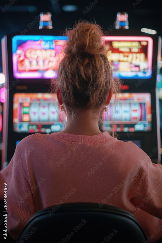 Naklejka premium Woman playing slot machine in casino gambling for jackpot