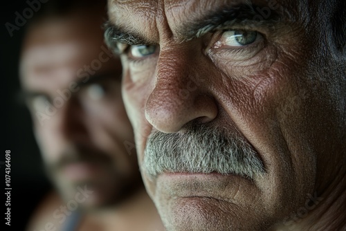 A close up of a man with a mustache and moustache