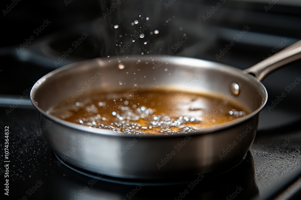 A frying pan with oil being poured into it on a stove A frying pan with oil being poured into it on a stove