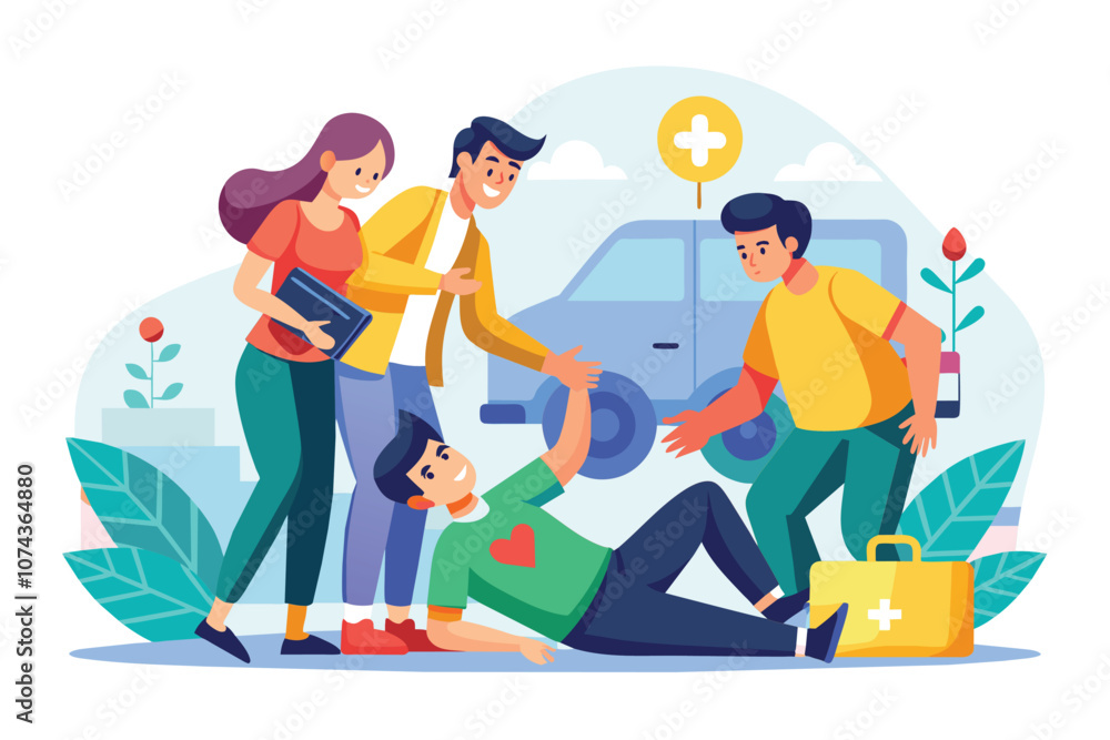 Four individuals offer help to a person lying down, signaling for medical assistance in a caring environment, Time goal, 2D image Four individuals offer help to a person lying down, signaling for medical assistance in a caring environment, Time goal, 2D image