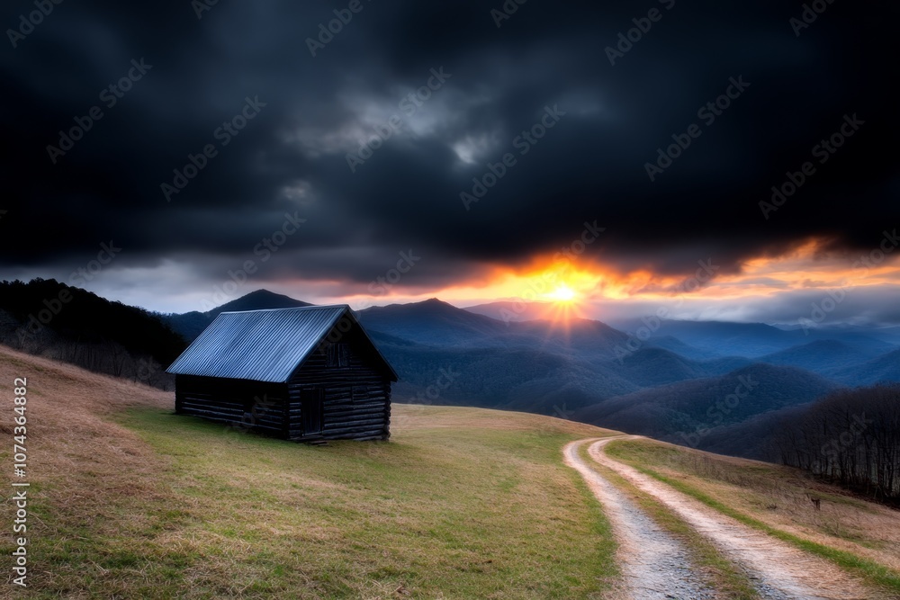 A small cabin sits on a grassy hillside under a cloudy sky A small cabin sits on a grassy hillside under a cloudy sky