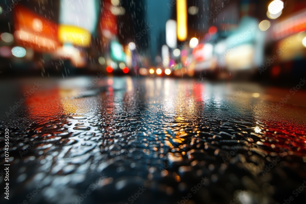 A wet city street at night with raindrops on the ground A wet city street at night with raindrops on the ground